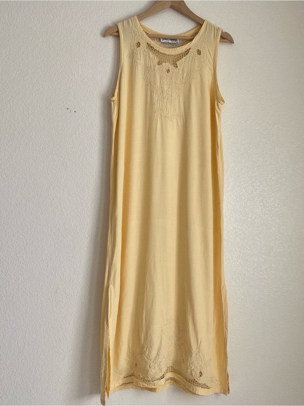 Vintage mid length dress embroidered neckline butter yellow